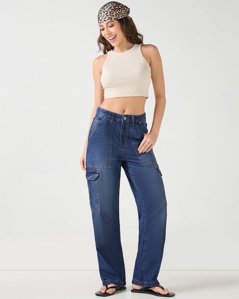 bewakoof Women's Dark Blue Washed Straight Fit Cargo Jeans - Image 4